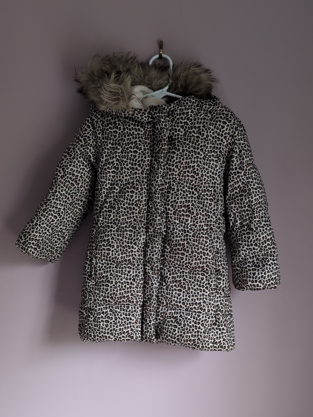 GAP Leopard Print Puffer Coat with Faux Fur Hood - Beige & Black